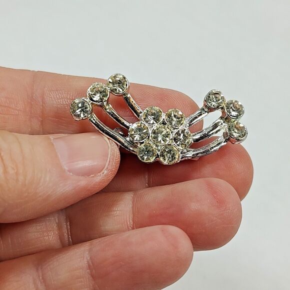 VTG Art Deco Silver Tone Metal Glass Rhinestone Cluster Brooch Lapel Pin Flower - Picture 10 of 16